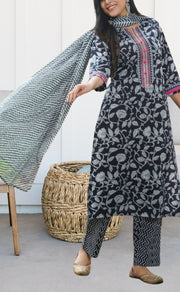 Black Garden Jaipur Cotton Kurti With Pant And Dupatta Set  .Pure Versatile Cotton. | Laces and Frills - Laces and Frills