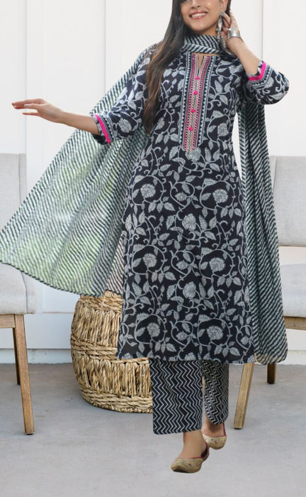 Black Garden Jaipur Cotton Kurti With Pant And Dupatta Set  .Pure Versatile Cotton. | Laces and Frills - Laces and Frills