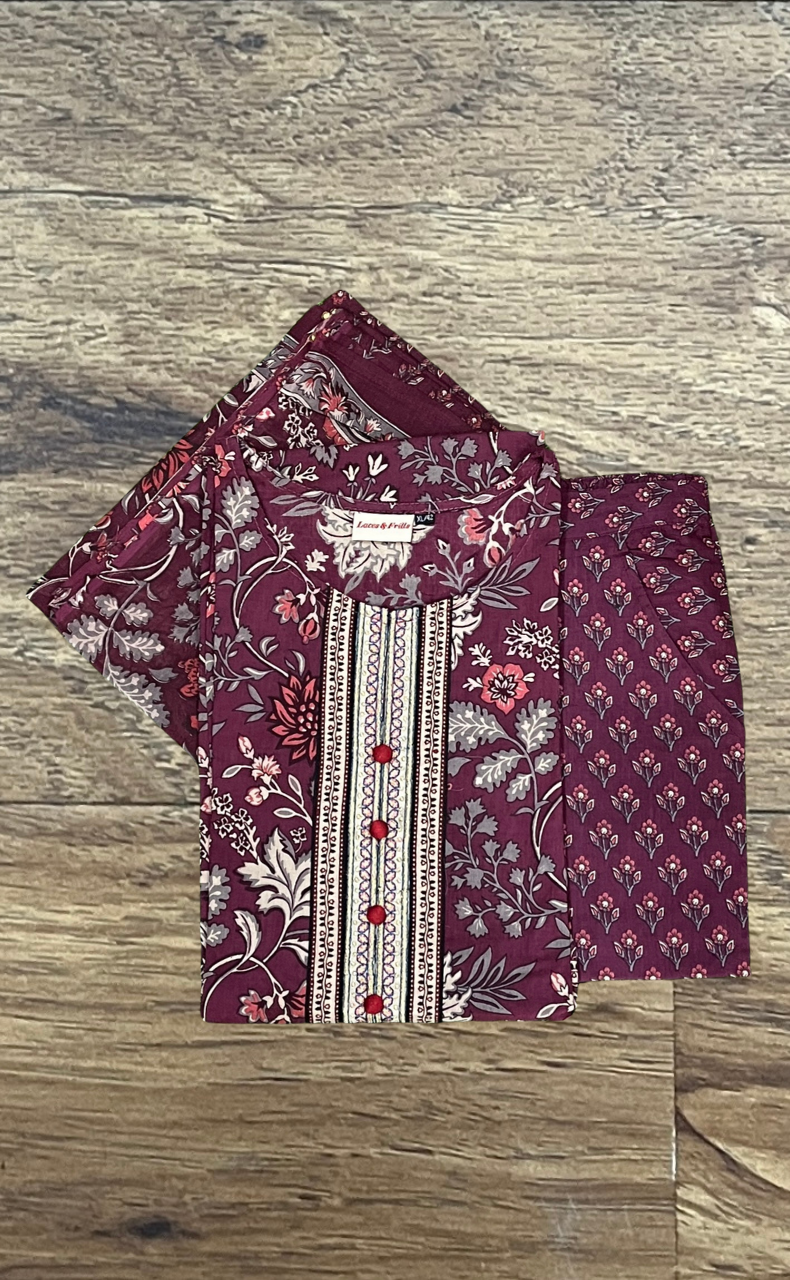 Beetroot Purple Floral Jaipur Cotton Kurti With Pant And Dupatta Set  .Pure Versatile Cotton. | Laces and Frills - Laces and Frills