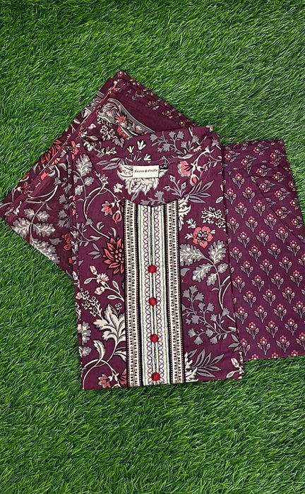 Beetroot Colour Garden Jaipur Cotton Kurti With Pant And Chanderi Dupatta Set  .Pure Versatile Cotton. | Laces and Frills - Laces and Frills