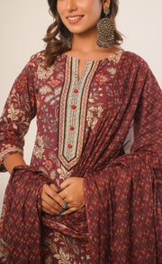 Beetroot Colour Garden Jaipur Cotton Kurti With Pant And Chanderi Dupatta Set  .Pure Versatile Cotton. | Laces and Frills - Laces and Frills