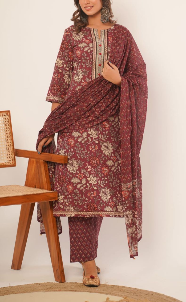 Beetroot Colour Garden Jaipur Cotton Kurti With Pant And Chanderi Dupatta Set  .Pure Versatile Cotton. | Laces and Frills - Laces and Frills
