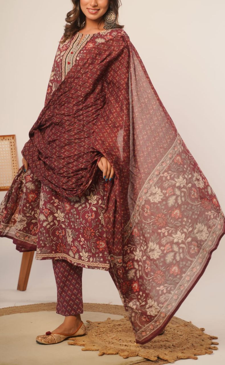 Beetroot Colour Garden Jaipur Cotton Kurti With Pant And Chanderi Dupatta Set  .Pure Versatile Cotton. | Laces and Frills - Laces and Frills