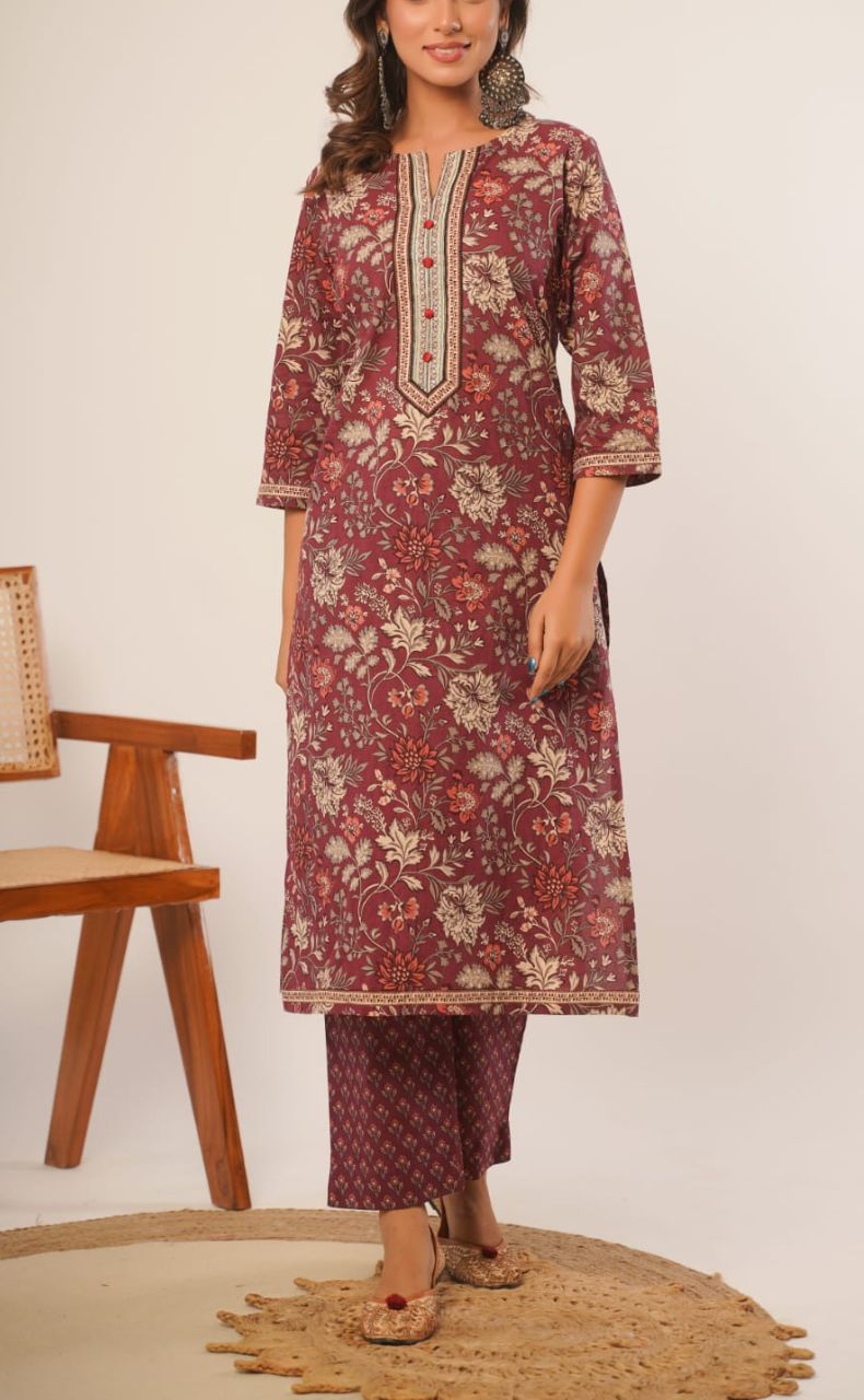 Beetroot Colour Garden Jaipur Cotton Kurti With Pant And Chanderi Dupatta Set  .Pure Versatile Cotton. | Laces and Frills - Laces and Frills