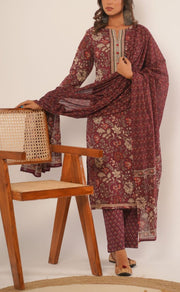 Beetroot Colour Garden Jaipur Cotton Kurti With Pant And Chanderi Dupatta Set  .Pure Versatile Cotton. | Laces and Frills - Laces and Frills