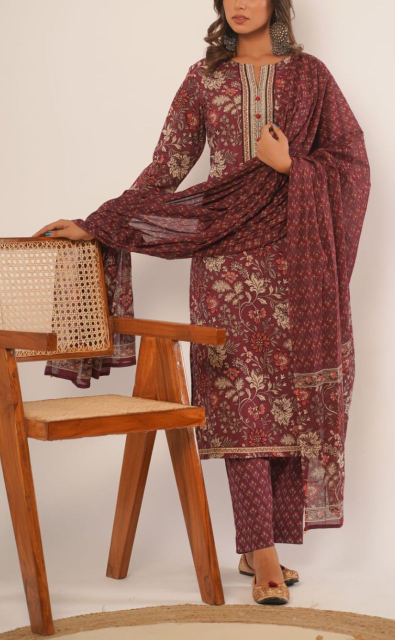 Beetroot Colour Garden Jaipur Cotton Kurti With Pant And Chanderi Dupatta Set  .Pure Versatile Cotton. | Laces and Frills - Laces and Frills