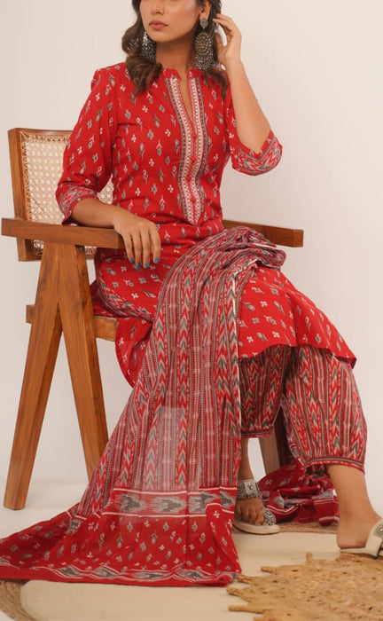 Red Flora Jaipur Cotton Kurti With Pant And Kota Dupatta Set  .Pure Versatile Cotton. | Laces and Frills - Laces and Frills