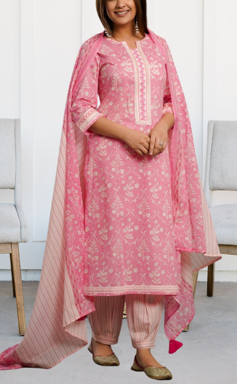 Pink Garden Jaipur Cotton Kurti With Pathani Pant And Mul Mul Dupatta
