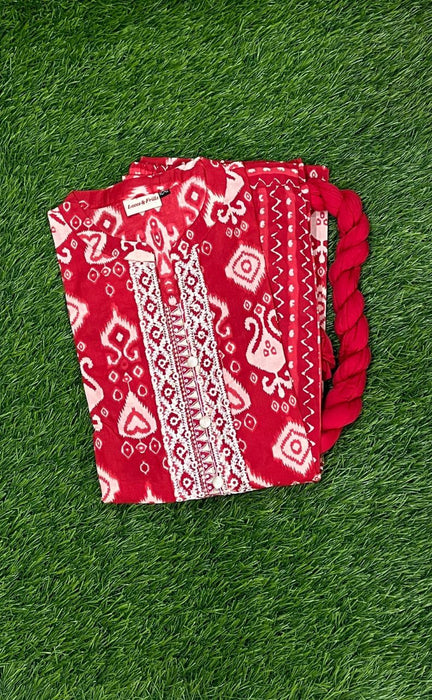 Red Motif Jaipur Cotton Kurti With Pant And Kota Dupatta Set  .Pure Versatile Cotton. | Laces and Frills - Laces and Frills