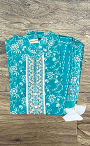 Turquoise Blue Garden Jaipur Cotton Kurti With Pathani Pant And Cotton Dupatta Set  .Pure Versatile Cotton. | Laces and Frills - Laces and Frills
