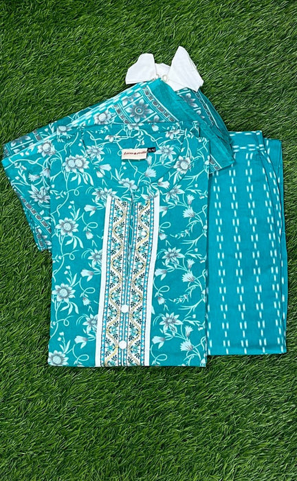 Turquoise Blue Garden Jaipur Cotton Kurti With Pathani Pant And Cotton Dupatta Set  .Pure Versatile Cotton. | Laces and Frills - Laces and Frills