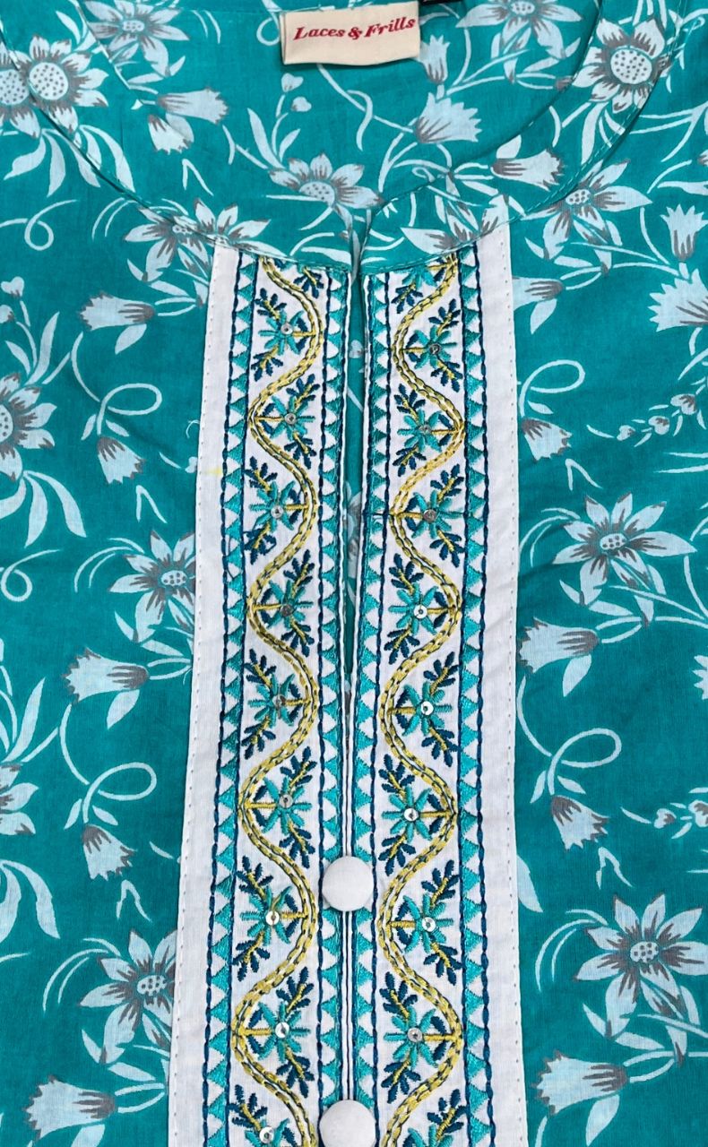 Turquoise Blue Garden Jaipur Cotton Kurti With Pathani Pant And Cotton Dupatta Set  .Pure Versatile Cotton. | Laces and Frills - Laces and Frills