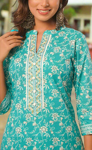 Turquoise Blue Garden Jaipur Cotton Kurti With Pathani Pant And Cotton Dupatta Set  .Pure Versatile Cotton. | Laces and Frills - Laces and Frills