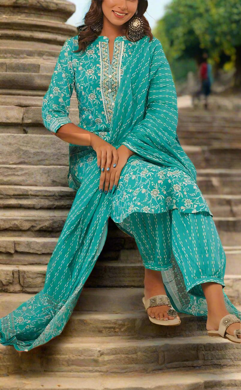 Turquoise Blue Garden Jaipur Cotton Kurti With Pathani Pant And Cotton Dupatta Set  .Pure Versatile Cotton. | Laces and Frills - Laces and Frills