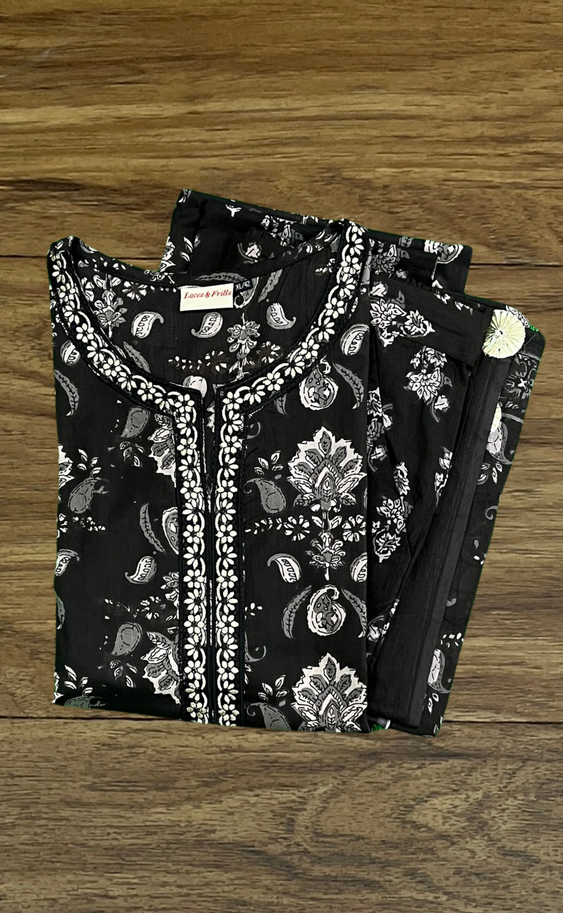 Black Jaipur Cotton Kurti With Pant And Dupatta Set  .Pure Versatile Cotton. | Laces and Frills - Laces and Frills
