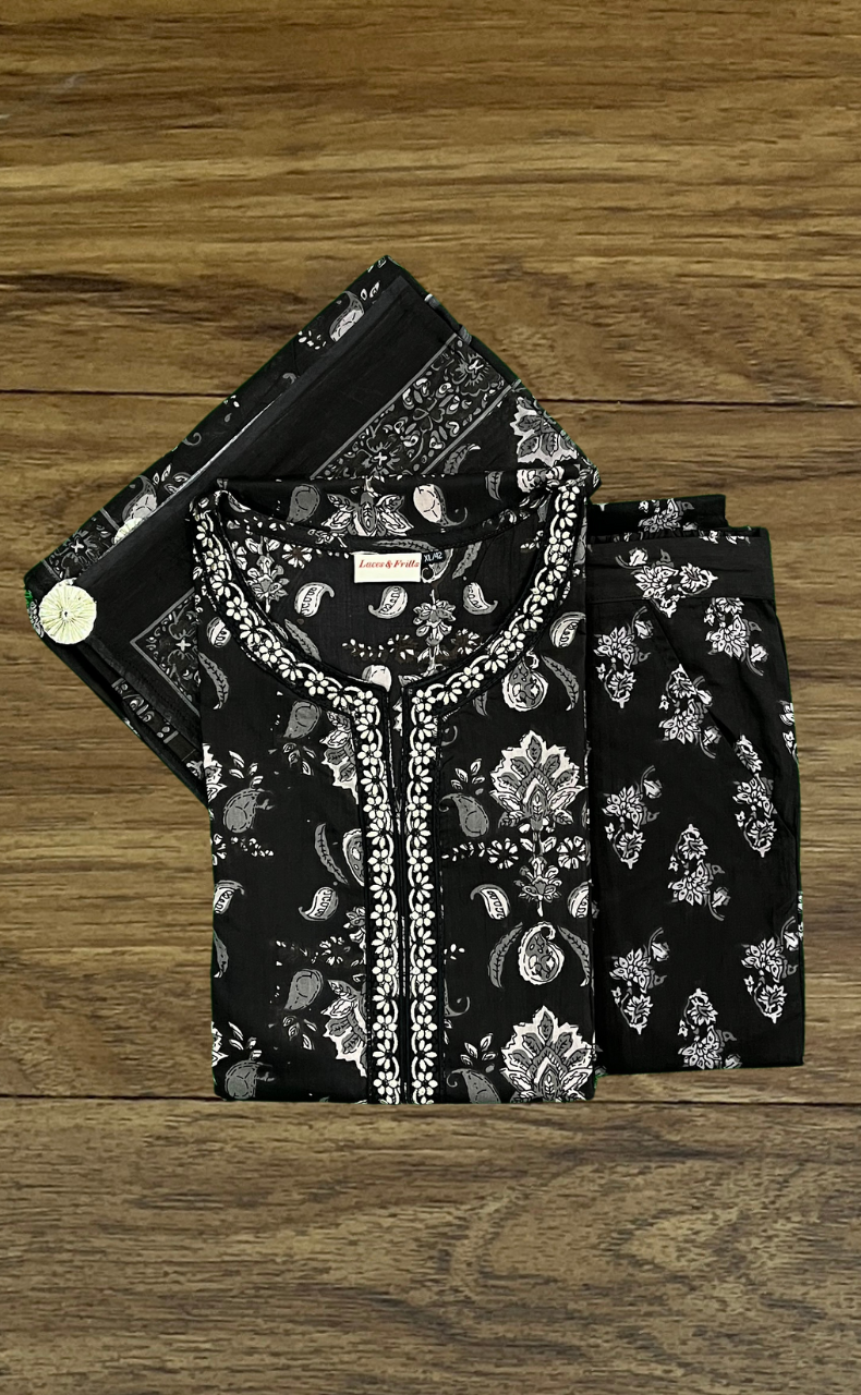 Black Jaipur Cotton Kurti With Pant And Dupatta Set  .Pure Versatile Cotton. | Laces and Frills - Laces and Frills