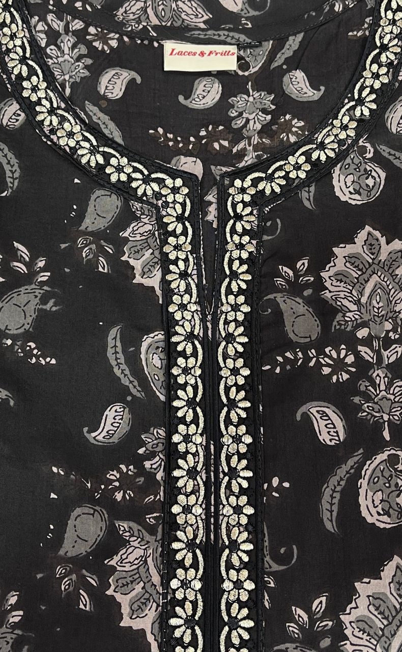 Black Jaipur Cotton Kurti With Pant And Dupatta Set  .Pure Versatile Cotton. | Laces and Frills - Laces and Frills