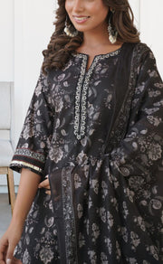 Black Jaipur Cotton Kurti With Pant And Dupatta Set  .Pure Versatile Cotton. | Laces and Frills - Laces and Frills