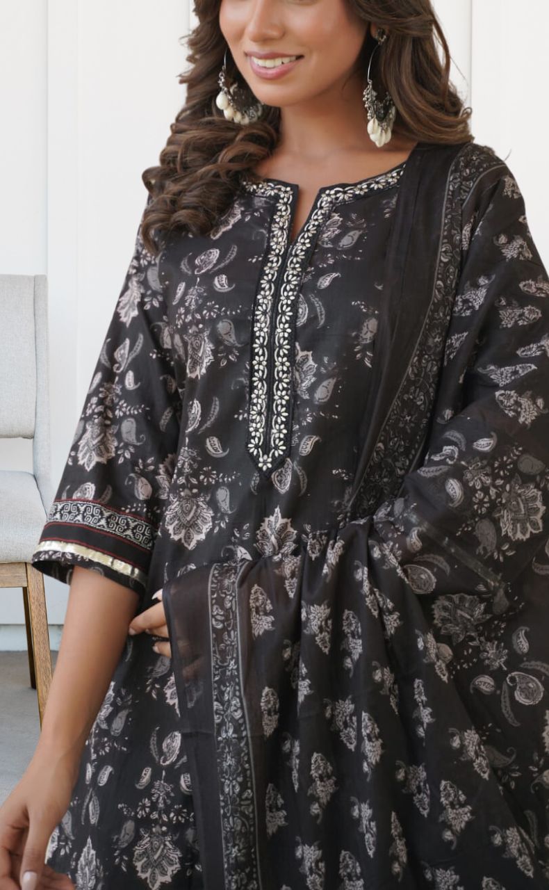 Black Jaipur Cotton Kurti With Pant And Dupatta Set  .Pure Versatile Cotton. | Laces and Frills - Laces and Frills