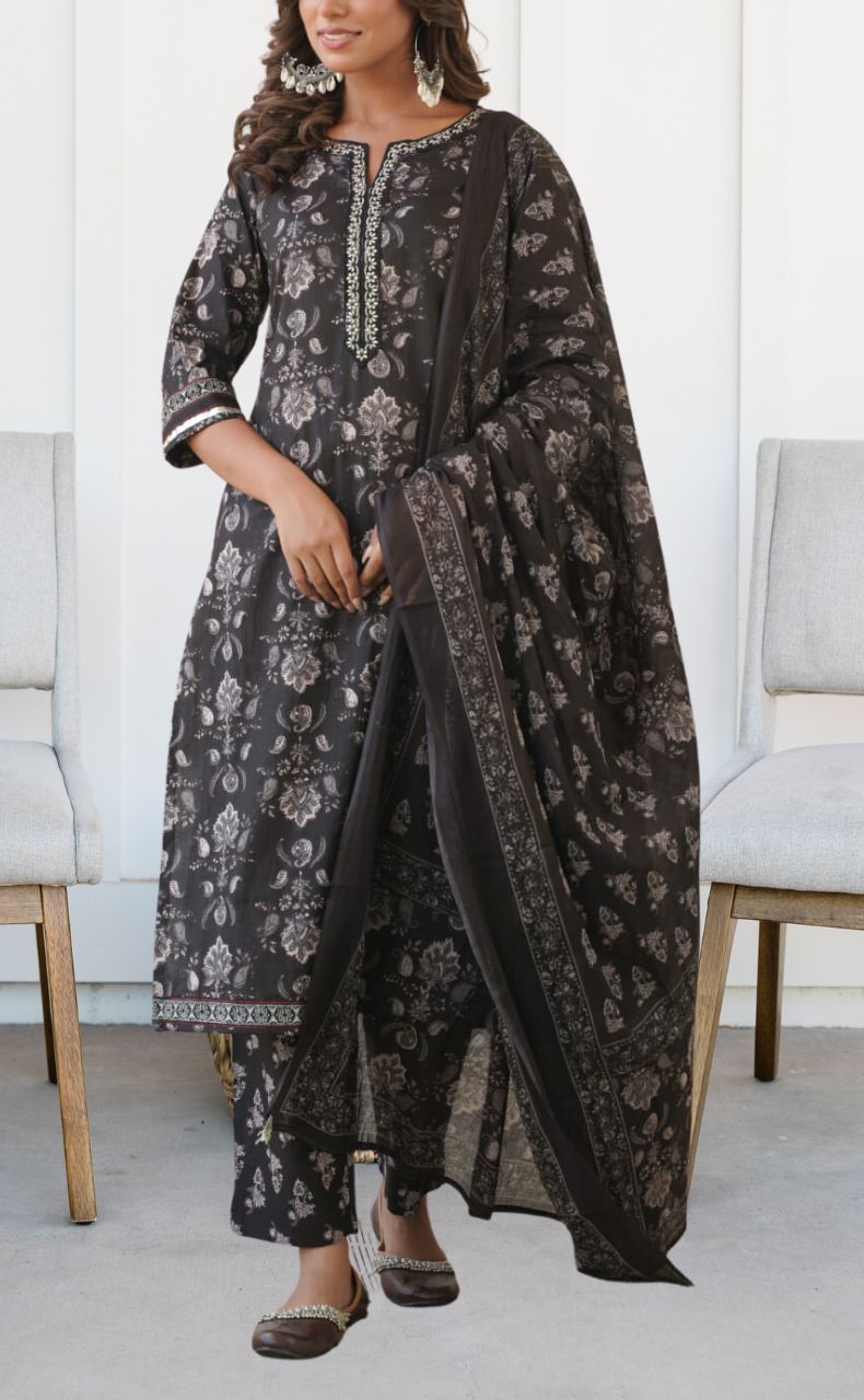 Black Jaipur Cotton Kurti With Pant And Dupatta Set  .Pure Versatile Cotton. | Laces and Frills - Laces and Frills