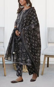 Black Jaipur Cotton Kurti With Pant And Dupatta Set  .Pure Versatile Cotton. | Laces and Frills - Laces and Frills