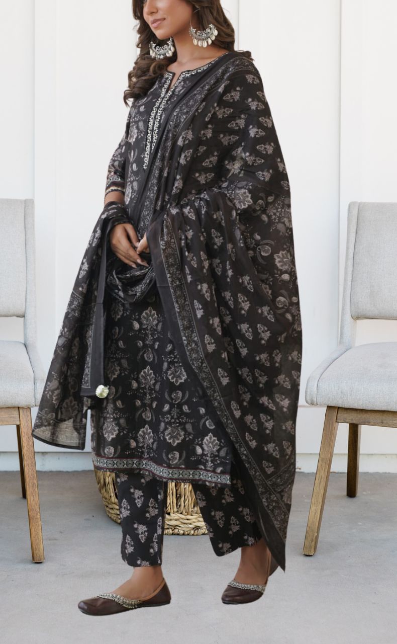 Black Jaipur Cotton Kurti With Pant And Dupatta Set  .Pure Versatile Cotton. | Laces and Frills - Laces and Frills