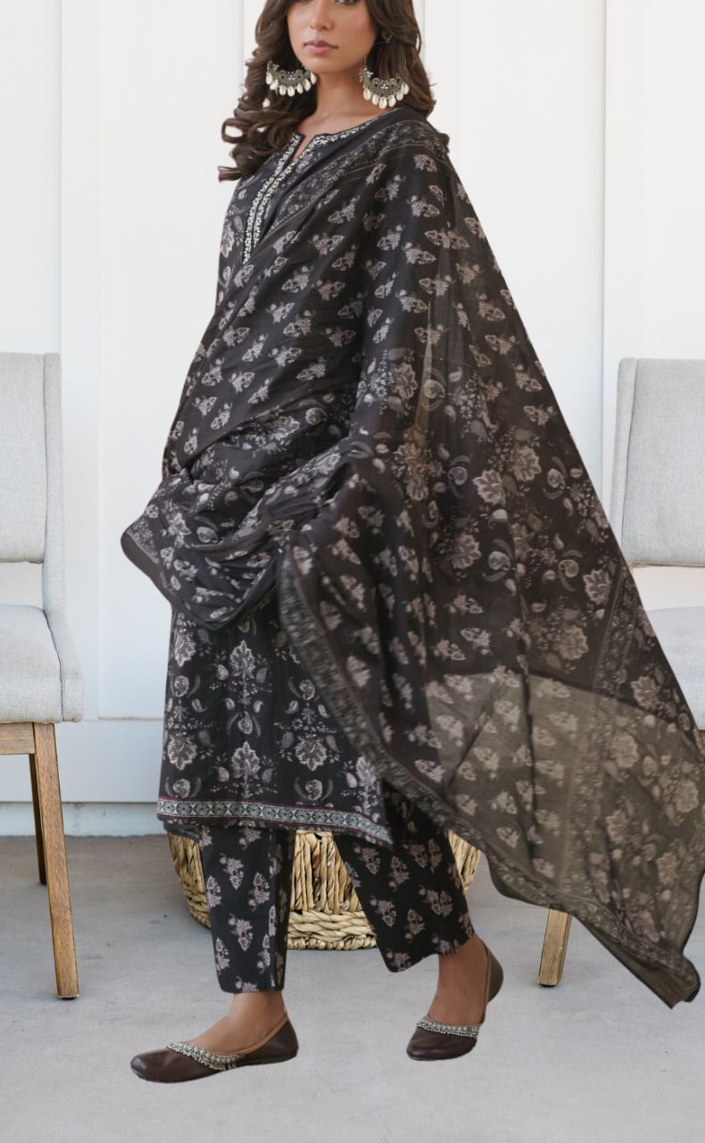 Black Jaipur Cotton Kurti With Pant And Dupatta Set  .Pure Versatile Cotton. | Laces and Frills - Laces and Frills