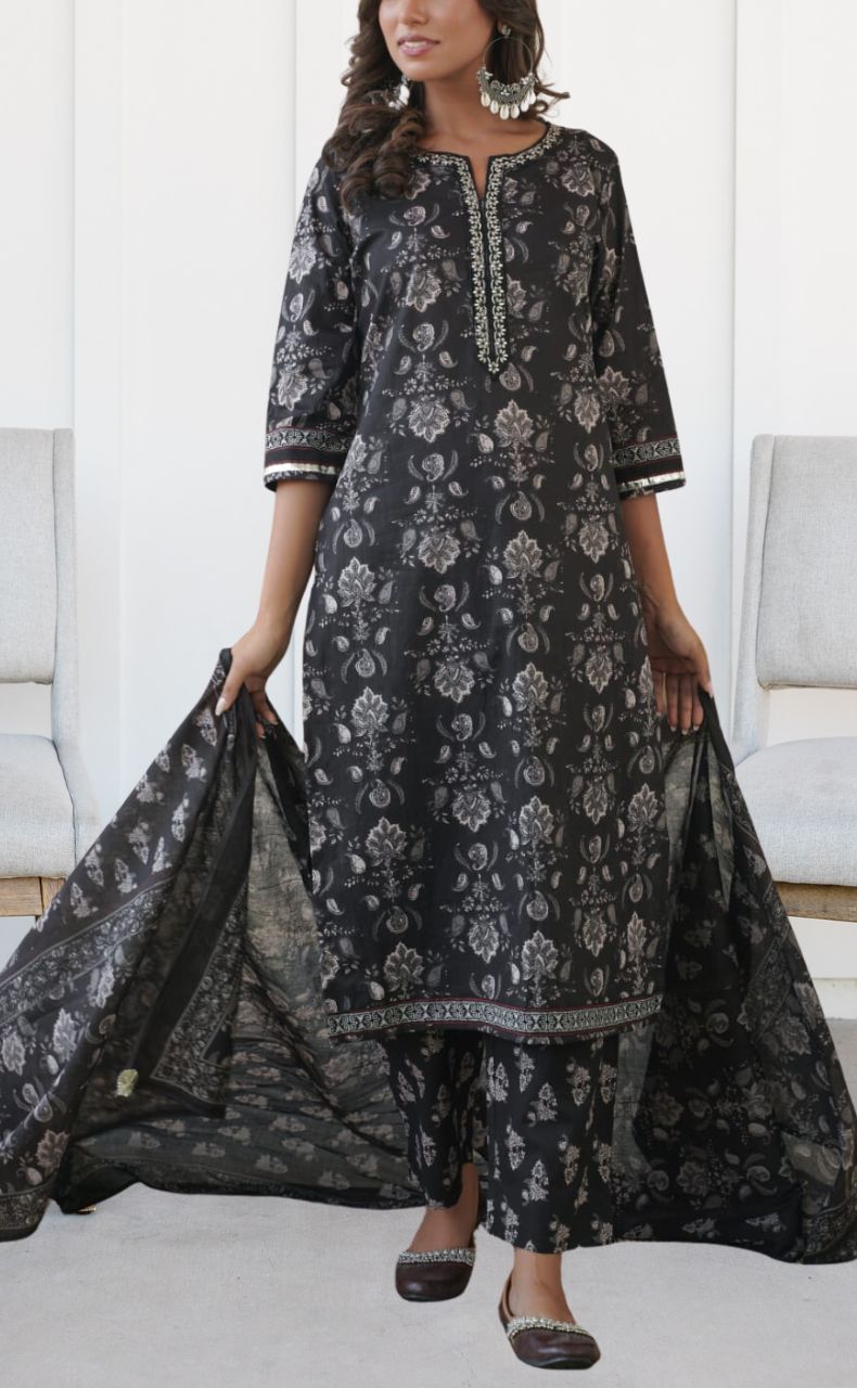 Black Jaipur Cotton Kurti With Pant And Dupatta Set  .Pure Versatile Cotton. | Laces and Frills - Laces and Frills