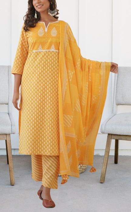 Yellow Jaipur Cotton Kurti With Pant And Dupatta Set  .Pure Versatile Cotton. | Laces and Frills - Laces and Frills
