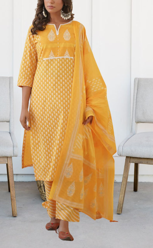 Yellow Jaipur Cotton Kurti With Pant And Dupatta Set  .Pure Versatile Cotton. | Laces and Frills - Laces and Frills