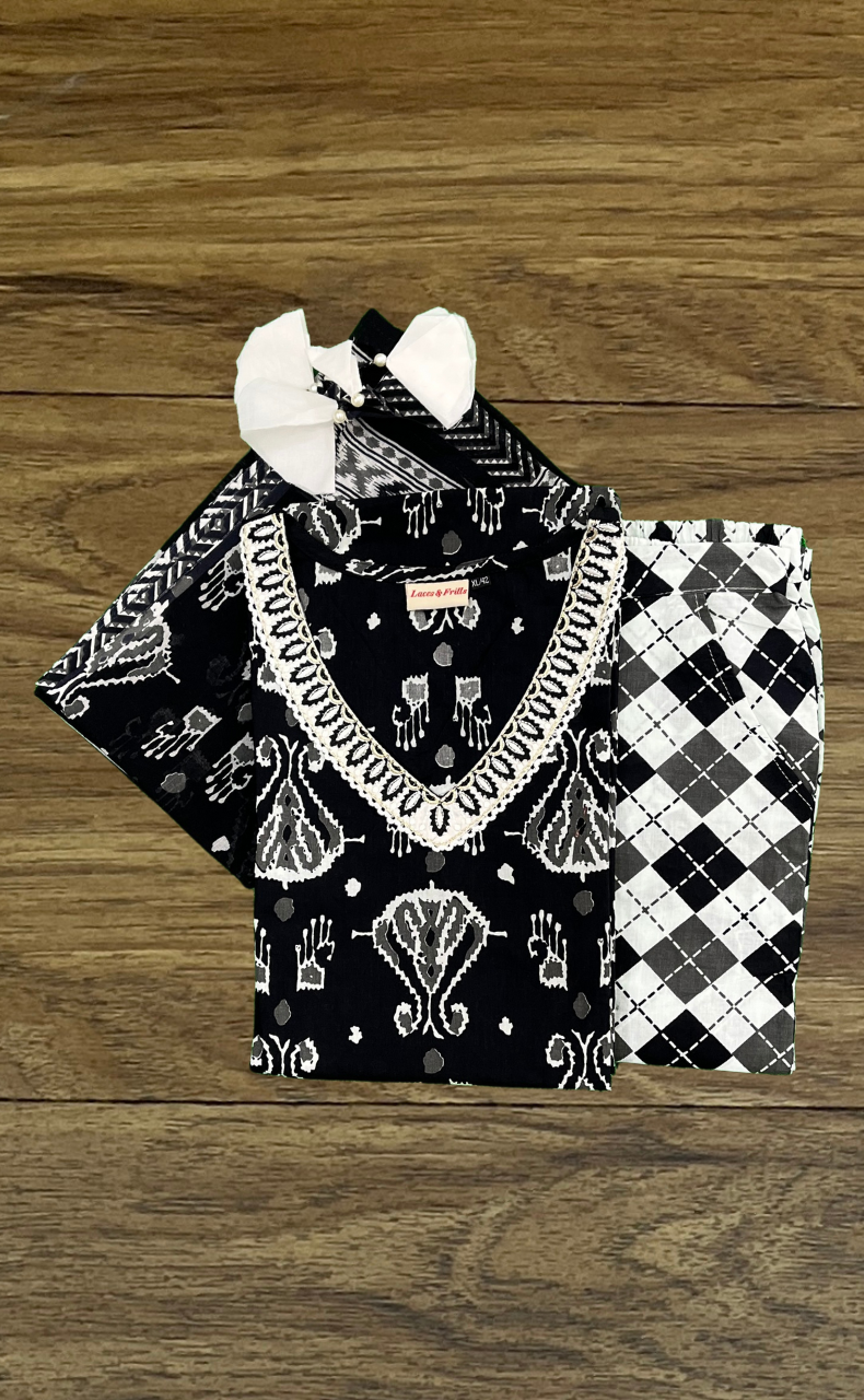 Black Jaipur Cotton Kurti With Pant And Dupatta Set  .Pure Versatile Cotton. | Laces and Frills - Laces and Frills