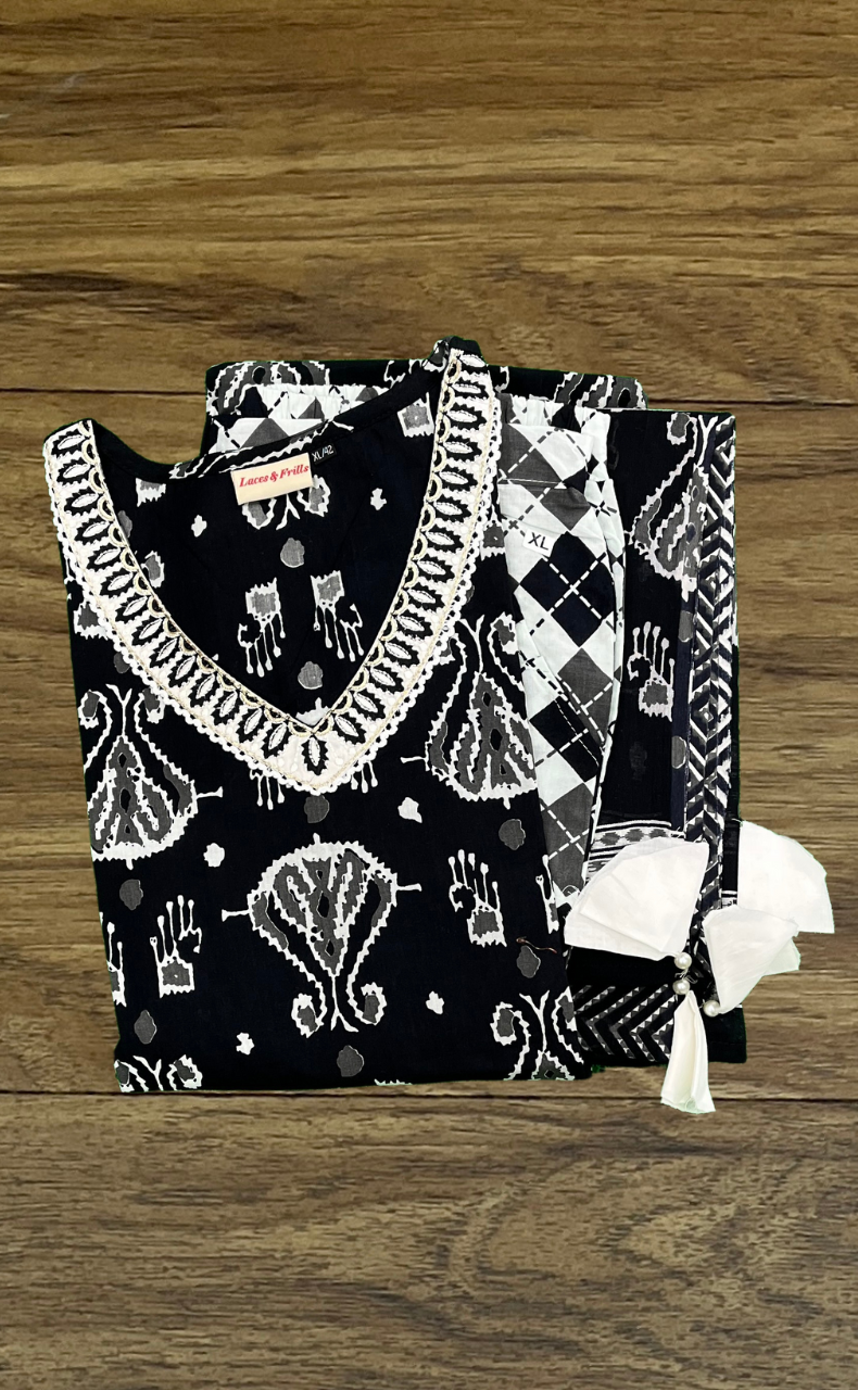 Black Jaipur Cotton Kurti With Pant And Dupatta Set  .Pure Versatile Cotton. | Laces and Frills - Laces and Frills