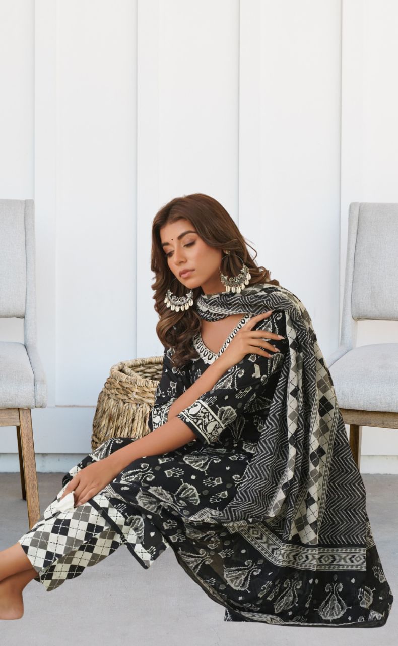 Black Jaipur Cotton Kurti With Pant And Dupatta Set  .Pure Versatile Cotton. | Laces and Frills - Laces and Frills