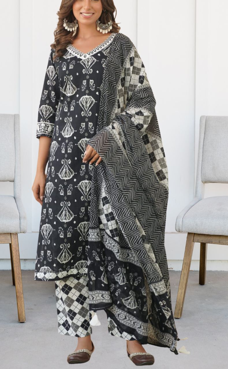 Black Jaipur Cotton Kurti With Pant And Dupatta Set  .Pure Versatile Cotton. | Laces and Frills - Laces and Frills