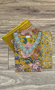 Mustard Jaipur Cotton Kurti With Pant And Dupatta Set  .Pure Versatile Cotton. | Laces and Frills - Laces and Frills