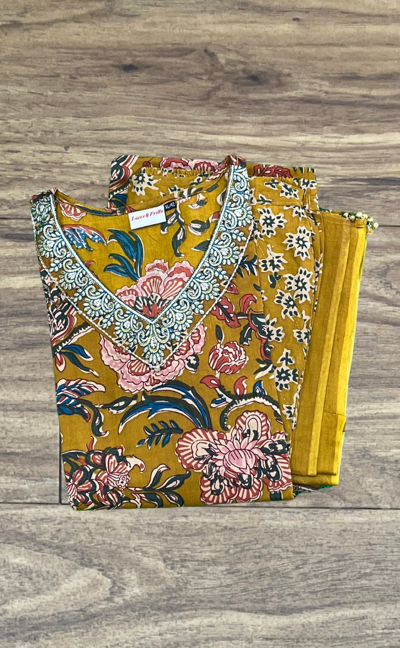 Mustard Jaipur Cotton Kurti With Pant And Dupatta Set  .Pure Versatile Cotton. | Laces and Frills - Laces and Frills