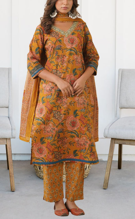 Mustard Jaipur Cotton Kurti With Pant And Dupatta Set  .Pure Versatile Cotton. | Laces and Frills - Laces and Frills