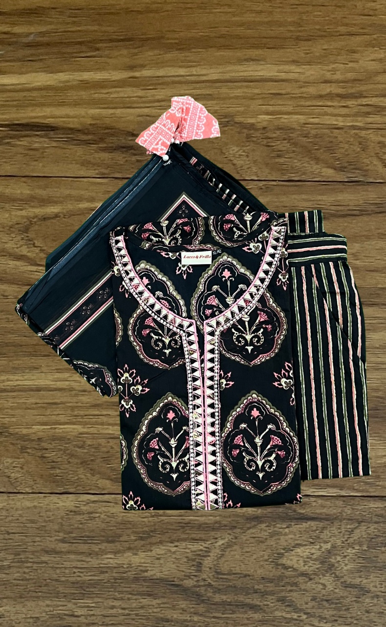 Black/Pink Jaipur Cotton Kurti With Pant And Dupatta Set  .Pure Versatile Cotton. | Laces and Frills - Laces and Frills