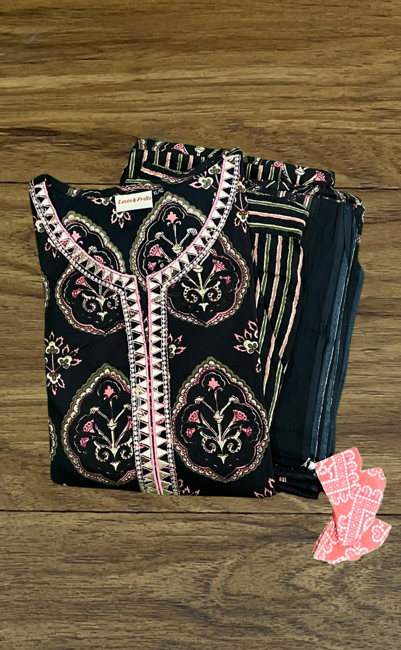 Black/Pink Jaipur Cotton Kurti With Pant And Dupatta Set  .Pure Versatile Cotton. | Laces and Frills - Laces and Frills
