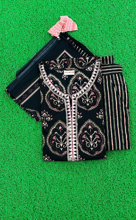 Black/Pink Jaipur Cotton Kurti With Pant And Dupatta Set  .Pure Versatile Cotton. | Laces and Frills - Laces and Frills