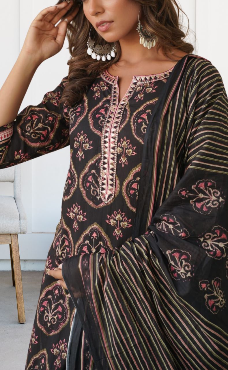 Black/Pink Jaipur Cotton Kurti With Pant And Dupatta Set  .Pure Versatile Cotton. | Laces and Frills - Laces and Frills