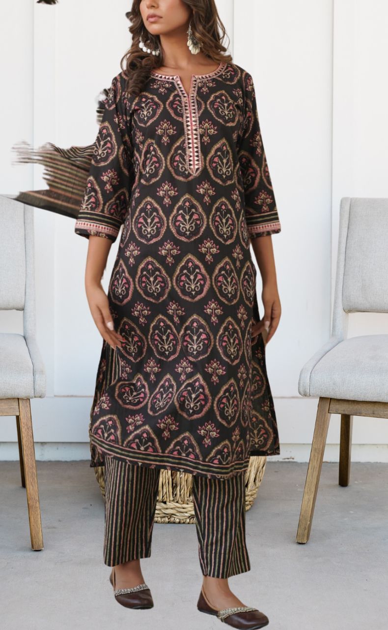 Black/Pink Jaipur Cotton Kurti With Pant And Dupatta Set  .Pure Versatile Cotton. | Laces and Frills - Laces and Frills