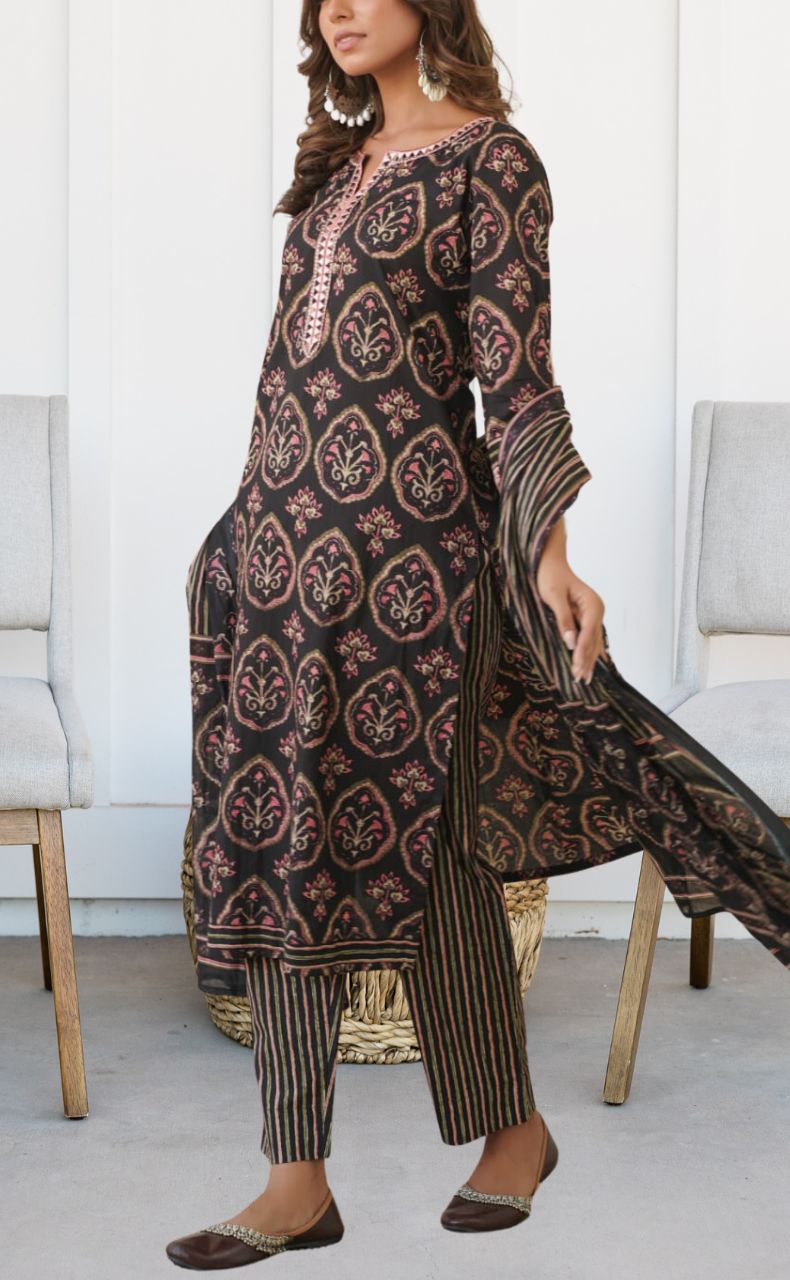 Black/Pink Jaipur Cotton Kurti With Pant And Dupatta Set  .Pure Versatile Cotton. | Laces and Frills - Laces and Frills