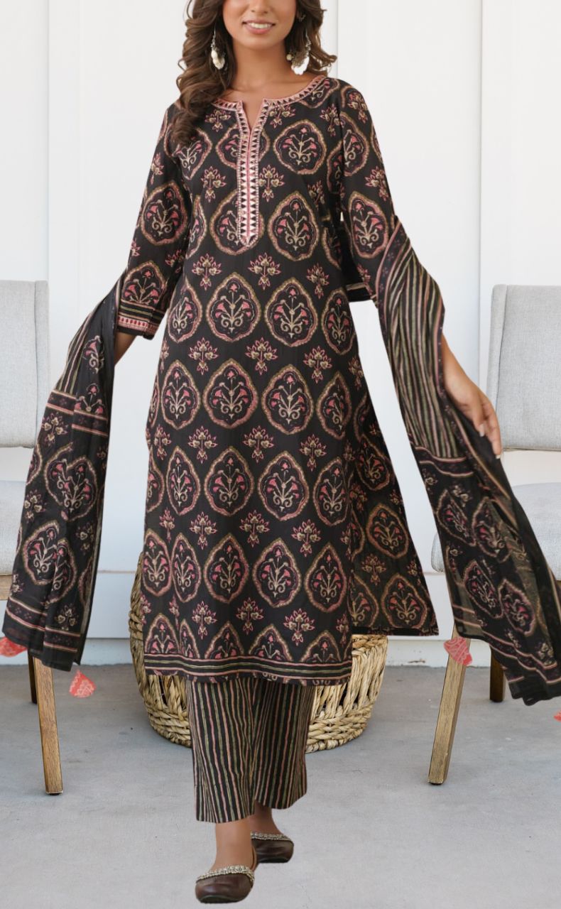 Black/Pink Jaipur Cotton Kurti With Pant And Dupatta Set  .Pure Versatile Cotton. | Laces and Frills - Laces and Frills