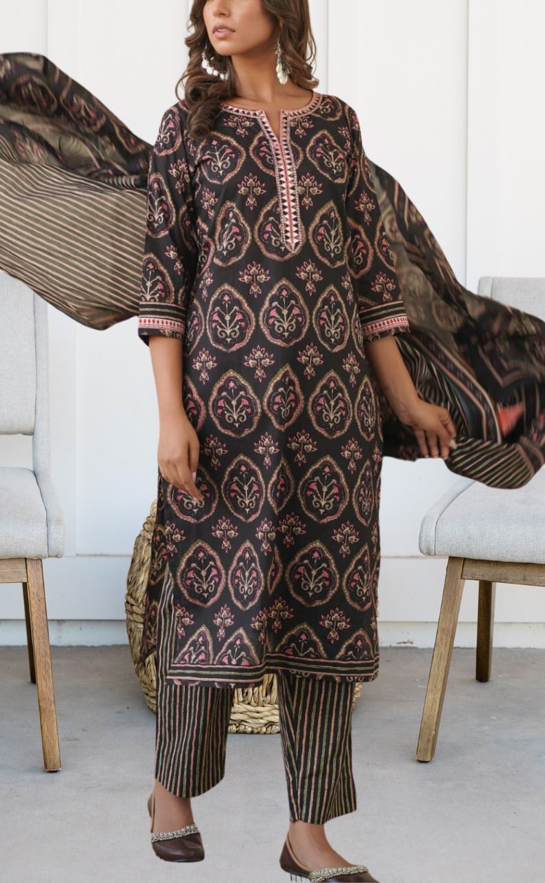 Black/Pink Jaipur Cotton Kurti With Pant And Dupatta Set  .Pure Versatile Cotton. | Laces and Frills - Laces and Frills
