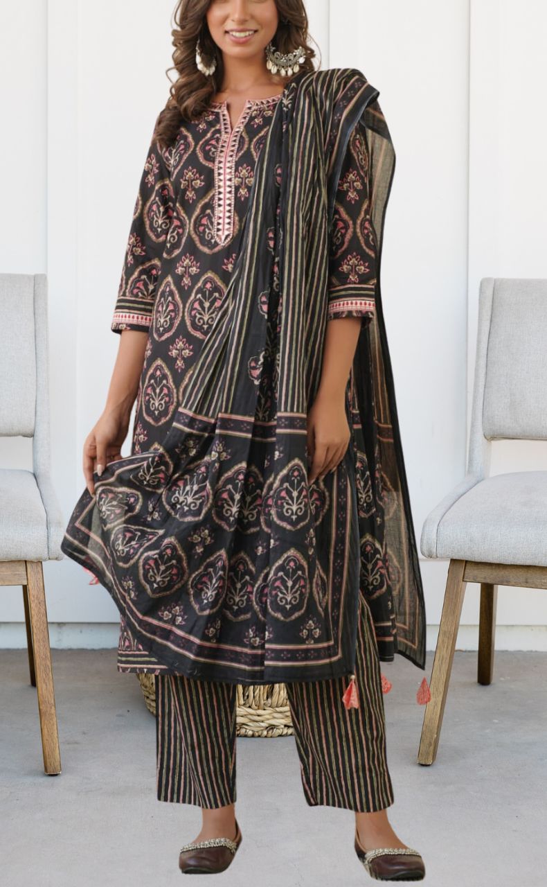 Black/Pink Jaipur Cotton Kurti With Pant And Dupatta Set  .Pure Versatile Cotton. | Laces and Frills - Laces and Frills