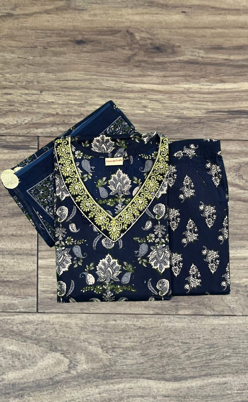 Navy Blue Jaipur Cotton Kurti With Pant And Dupatta Set  .Pure Versatile Cotton. | Laces and Frills - Laces and Frills