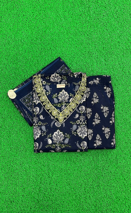 Navy Blue Jaipur Cotton Kurti With Pant And Dupatta Set  .Pure Versatile Cotton. | Laces and Frills - Laces and Frills