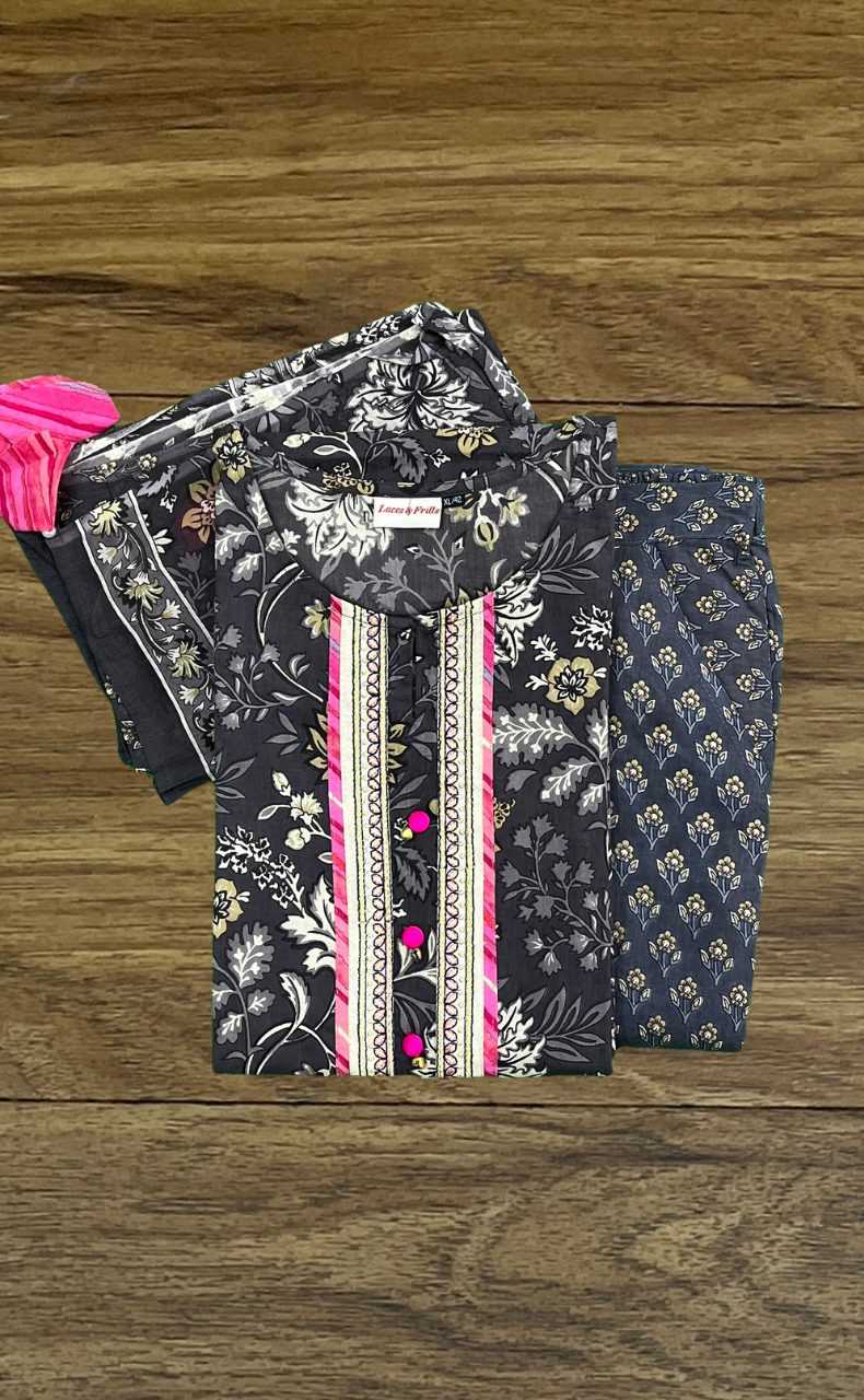 Grey Jaipur Cotton Kurti With Pant And Dupatta Set  .Pure Versatile Cotton. | Laces and Frills - Laces and Frills