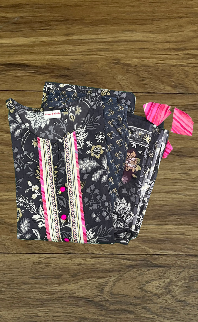 Grey Jaipur Cotton Kurti With Pant And Dupatta Set  .Pure Versatile Cotton. | Laces and Frills - Laces and Frills
